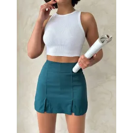 Çift Yırtmaçlı Atlas Şort Etek Petrol Yeşili S240364 (Beden: M)