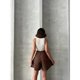 Volanlı Keten Şort Kahve S255058 (Beden: M)