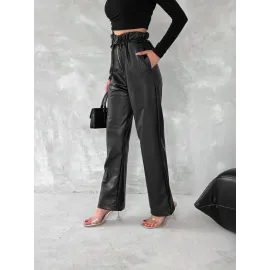 Kendinden İnce Kemerli Deri Pantolon Siyah T1178 (Beden: S)