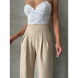 Pileli Keten Pantolon S255046 Bej (Beden: M)