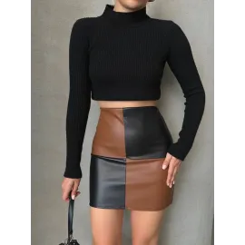 Damalı Deri Etek Siyah Kahve W24648 (Beden: S)