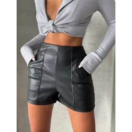 Parçalı Cepli Deri Şort Siyah W26312 (Beden: Xl)