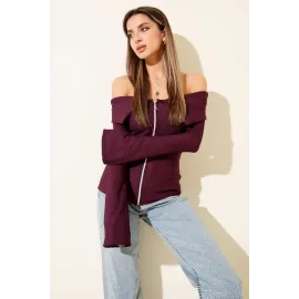 Omzu Açık Fermuarlı Bluz Mürdüm T4330 (Beden: S)