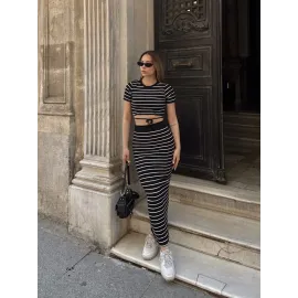 Çizgili Etekli Takım Siyah S3609 (Beden: L)