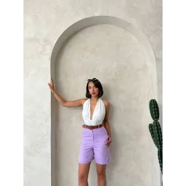 Kemerli Gabardin Şort Lila S25735 (Beden: S)
