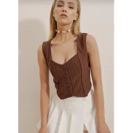 Çizgili Krep Düğmeli Yelek Kahve S3395 (Beden: Xl)