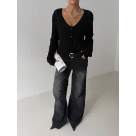 Küçük Düğmeli Küçük Örgülü Triko Hırka Siyah (Beden: Standart)