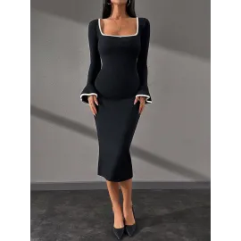 Biyeli Midi Boy Elbise Siyah A3718 (Beden: S)