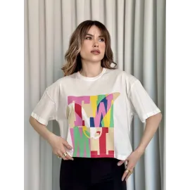 Baskılı Crop Tişört Beyaz (Beden: S)