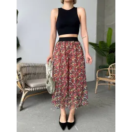 Baskılı Astarlı Uzun Etek Kırmızı (Beden: S)