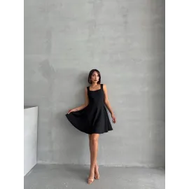 Kadın Kare Yaka Kısa Elbise S251188 Siyah (Beden: M)