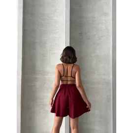 Volanlı Keten Şort Bordo S255058 (Beden: Xl)