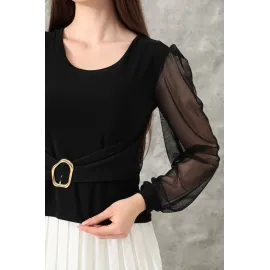 Tokalı Tül Kollu Bluz Siyah T4071 (Beden: L)