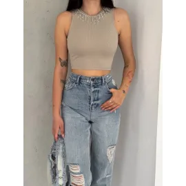 Fitilli Kaşkorse Yakası Zincirli Atlet Vizon (Beden: S)