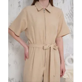 Kuşaklı Gömlek Yaka Salaş Tulum Bej S255822 (Beden: S)