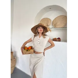 Uzun Etekli Bluz Takım Keten Krem S255852 (Beden: M)