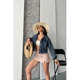 Çift Cepli Kol Katlamalı Kar Yıkama Crop Kot Ceket Kahve Tint D2000 Mavi (Beden: S)