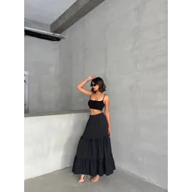 Fırfırlı Brodeli Astarlı Uzun Etek Siyah S255047 (Beden: M)