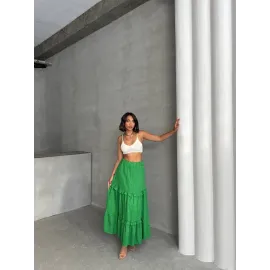 Fırfırlı Brodeli Astarlı Uzun Etek Yeşil S255047 (Beden: Xl)