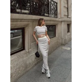 Çizgili Etekli Takım Beyaz S3609 (Beden: S)