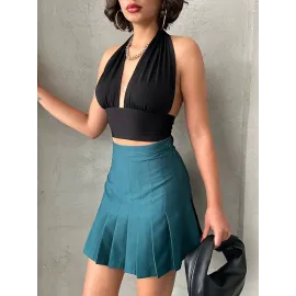 Pileli Düğmeli Etek Yeşil S24811 (Beden: M)