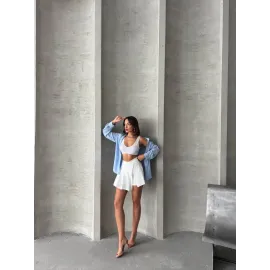 Piliseli Düğmeli Şort Etek Beyaz S25813 (Beden: M)