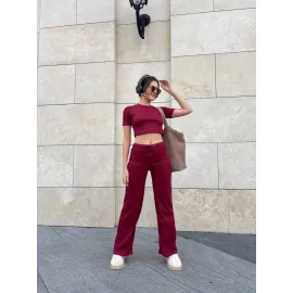 Bol Paça Pantolonlu Alt Üst Takım Bordo (Beden: M)