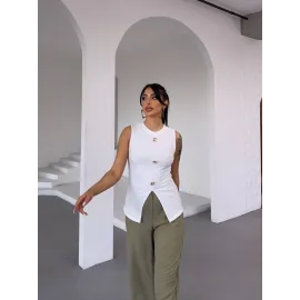 Kadın Beyaz Bisiklet Yaka Gold Düğmeli Ottoman Bluz S2310 (Beden: S)