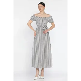 Madonna Yaka Midi Yırtmaçlı Kuşaklı Keten Elbise Gri (Beden: S)