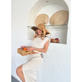 Uzun Etekli Bluz Takım Keten Krem S255852 (Beden: S)