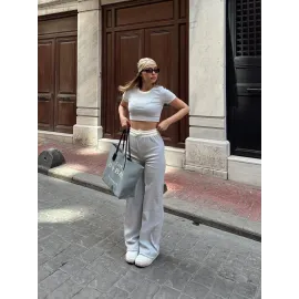 Crop Pantolon Biyeli Takım Gri (Beden: L)