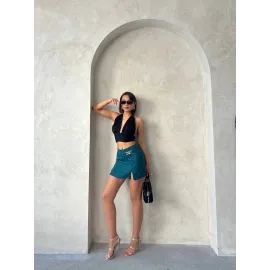 Zincirli Şort Etek Petrol Yeşili S24676 (Beden: L)