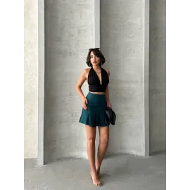 Pileli Düğmeli Etek Yeşil S24811 (Beden: M)