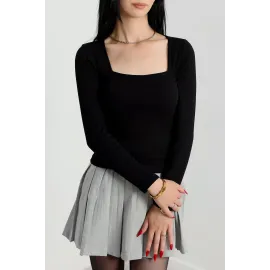 Çerçeve Yaka Kaşkorse Bluz Siyah (Beden: S)