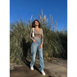 V Yaka Çizgili Bluz Bej A3699 (Beden: S)