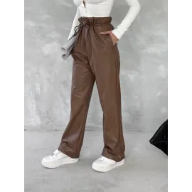 Kendinden İnce Kemerli Deri Pantolon Kahve T1178 (Beden: S)