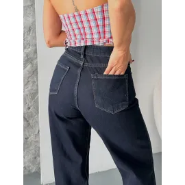 Palazzo Süper Taş Enzim Tint Yıkama Koyu Lacivert Jeans Pantolon D2008 (Beden: 42)
