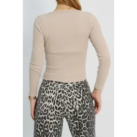 V Yaka Kaşkorse Bluz Bej A3699 (Beden: M)