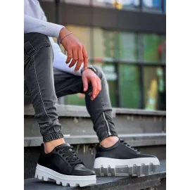 Kb-056 Kuback Siyah Cilt Beyaz Yüksek Taban Günlük Spor Ayakkabı (Numara: 43)