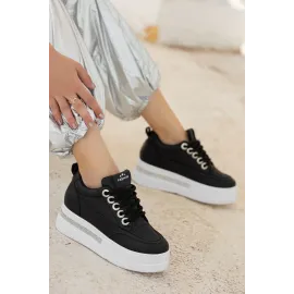 Lulu Siyah Cilt Beyaz Tabanlı Bağcıklı Spor Ayakkabı (Numara: 37)