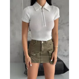 Kaşkorse Yaka Fermuarlı Bluz Beyaz (Beden: L)