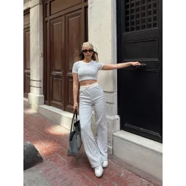 Crop Pantolon Biyeli Takım Gri (Beden: M)