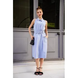 Gömlek Yaka Kemerli Elbise Mavi S255061 (Beden: Xl)