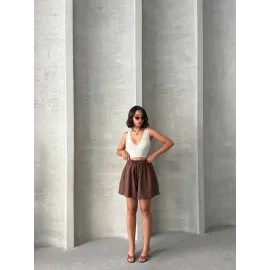 Volanlı Keten Şort Kahve S255058 (Beden: L)