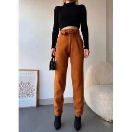 Kendinden Kemerli Triko Pantolon Camel (Beden: Standart)