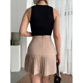 Altı Pliseli Mini Etek Bej (Beden: S)