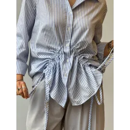 Önü Büzgü Detaylı Çizgili Gömlek Mavi (Beden: S)