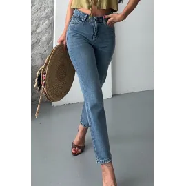 Mom Fit Kar Yıkama Bıyık Detaylı Jeans Pantolon D2006 Mavi (Beden: 40)