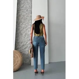 Mom Fit Kar Yıkama Bıyık Detaylı Jeans Pantolon D2006 Mavi (Beden: 40)