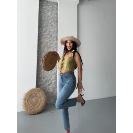 Mom Fit Kar Yıkama Bıyık Detaylı Jeans Pantolon D2006 Mavi (Beden: 42)